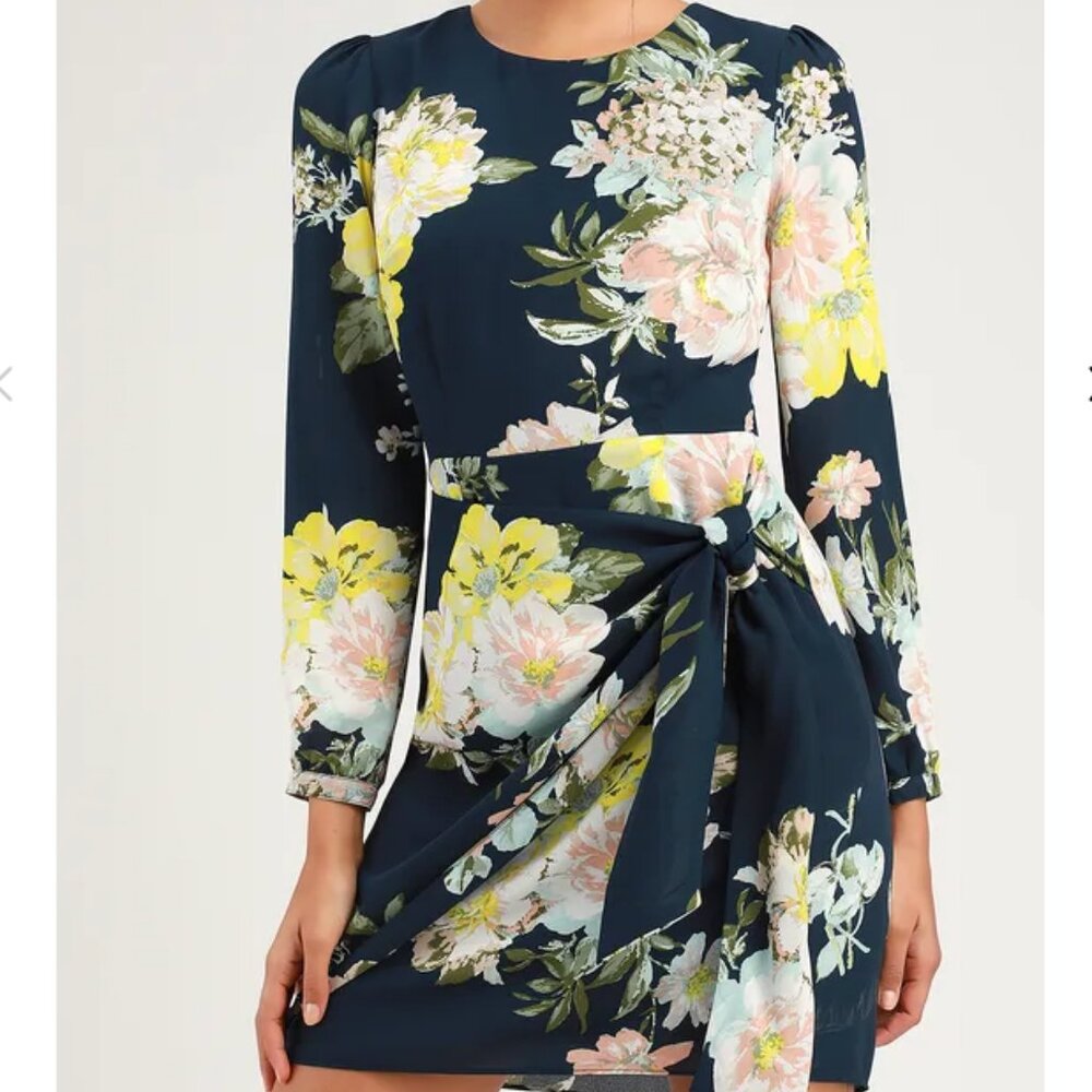Rice Navy Blue Floral Print Tie-Front Long Sleeve Dress